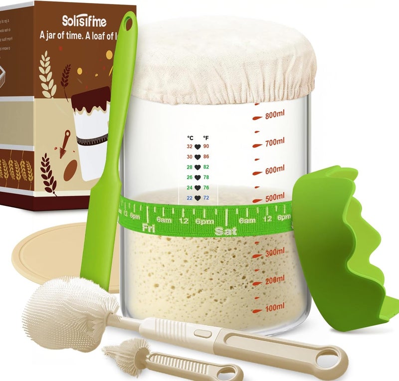 Solisifime Pro Sourdough Starter 10-In-1 Kit – 34 Oz Glass Jar With Lid, Cloth Cover, Date Band, Brush, Temp Strip, Silicone Spatula, Heating Mat – Sourdough Bread Baking Supplies, Glass Container, Green - Image 1